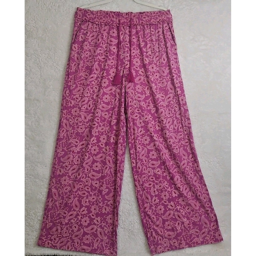Boho Pink Paisley Wide‎ Leg Linen-Like Tassel Drawstring Pants Sz S 34x29 #598